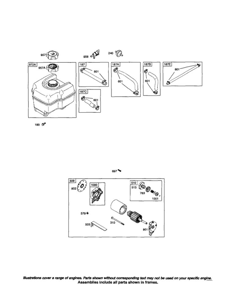Motor Starter/Fuel Tank Diagram and Parts List for 204300 0036-1162 Briggs and Stratton Engine